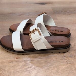 Madeline White Double-Strap Slide Sandals with Gold Buckles